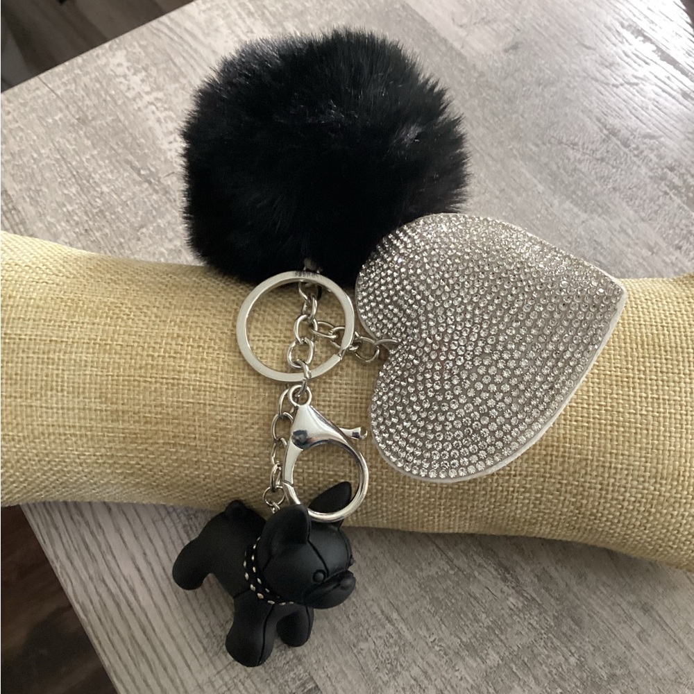 NWOT - Black & Silver Keychain with Frenchie & Rhinestone Heart!!! - Handmade!